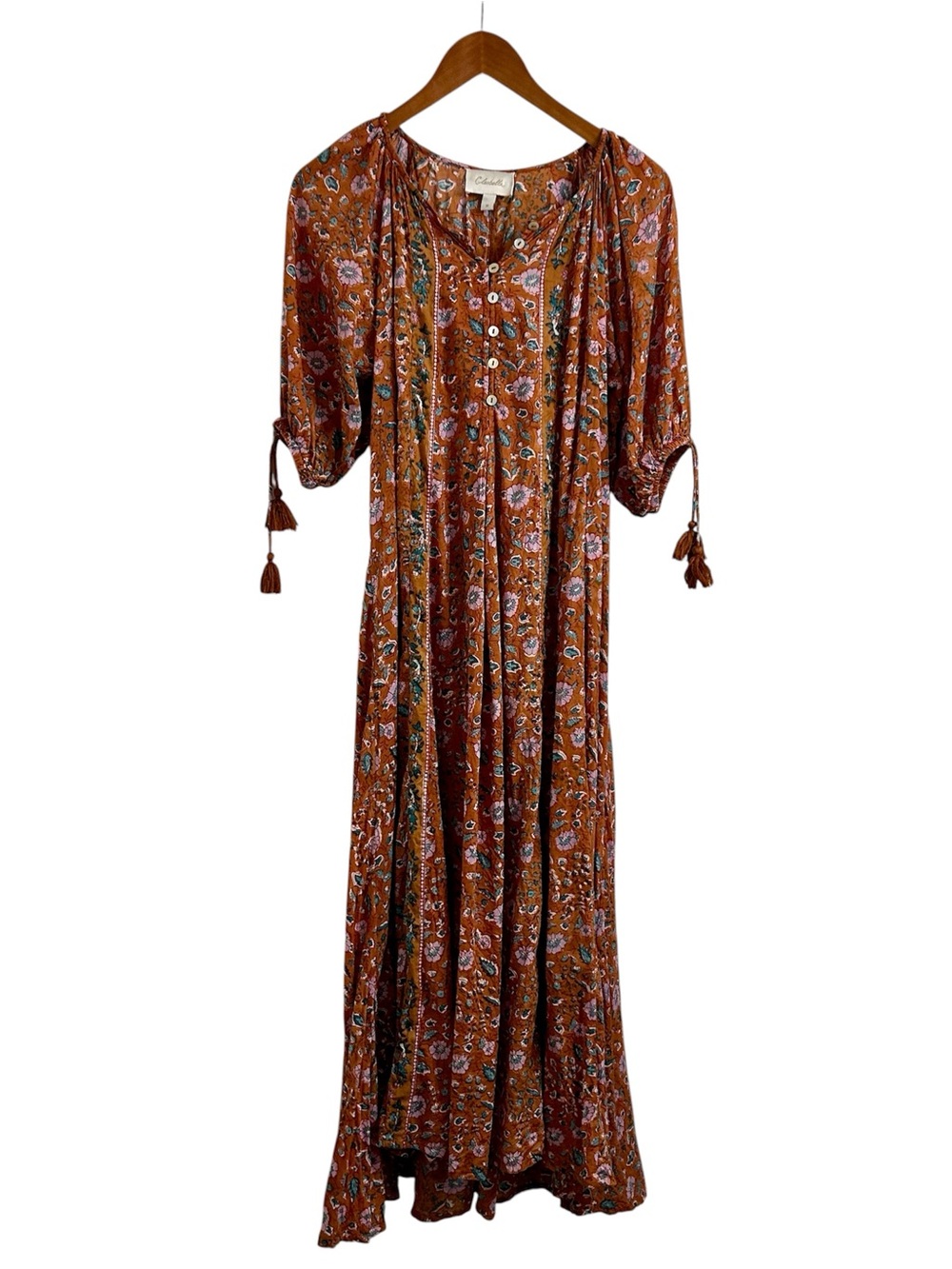 Cleobella Orange Floral Tasseled Cotton Midi Boho Tent Dress, Medium